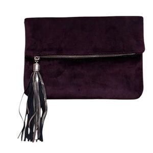 Merona brown faux fur clutch w/a tassel top zip fold over like new